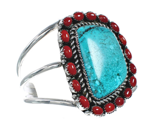 Native American Turquoise and Coral Multi-Stone Sterling Silver Cuff Bracelet NN20506